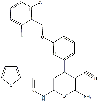 6-amino-4-{3-[(2-chloro-6-fluorobenzyl)oxy]phenyl}-3-(2-thienyl)-1,4-dihydropyrano[2,3-c]pyrazole-5-carbonitrile Struktur