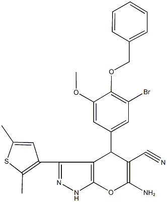 6-amino-4-[4-(benzyloxy)-3-bromo-5-methoxyphenyl]-3-(2,5-dimethyl-3-thienyl)-1,4-dihydropyrano[2,3-c]pyrazole-5-carbonitrile Struktur