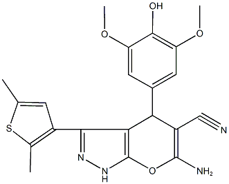 6-amino-3-(2,5-dimethyl-3-thienyl)-4-(4-hydroxy-3,5-dimethoxyphenyl)-1,4-dihydropyrano[2,3-c]pyrazole-5-carbonitrile Struktur