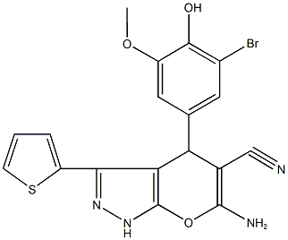 6-amino-4-(3-bromo-4-hydroxy-5-methoxyphenyl)-3-(2-thienyl)-1,4-dihydropyrano[2,3-c]pyrazole-5-carbonitrile Struktur