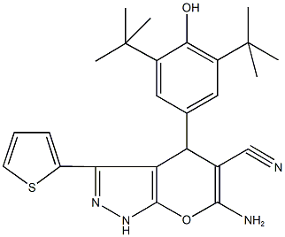 6-amino-4-(3,5-ditert-butyl-4-hydroxyphenyl)-3-(2-thienyl)-1,4-dihydropyrano[2,3-c]pyrazole-5-carbonitrile Struktur