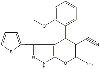 6-amino-4-(2-methoxyphenyl)-3-(2-thienyl)-1,4-dihydropyrano[2,3-c]pyrazole-5-carbonitrile Struktur