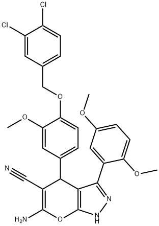 6-amino-4-{4-[(3,4-dichlorobenzyl)oxy]-3-methoxyphenyl}-3-(2,5-dimethoxyphenyl)-1,4-dihydropyrano[2,3-c]pyrazole-5-carbonitrile Struktur