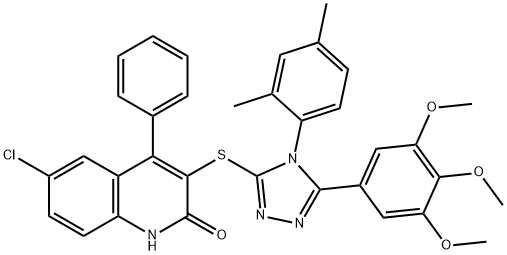 6-chloro-3-{[4-(2,4-dimethylphenyl)-5-(3,4,5-trimethoxyphenyl)-4H-1,2,4-triazol-3-yl]sulfanyl}-4-phenyl-2(1H)-quinolinone Struktur