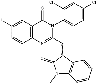 3-(2,4-dichlorophenyl)-6-iodo-2-[(1-methyl-2-oxo-1,2-dihydro-3H-indol-3-ylidene)methyl]-4(3H)-quinazolinone Struktur