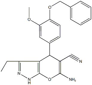 6-amino-4-[4-(benzyloxy)-3-methoxyphenyl]-3-ethyl-1,4-dihydropyrano[2,3-c]pyrazole-5-carbonitrile Struktur