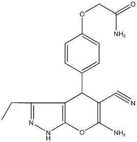 2-[4-(6-amino-5-cyano-3-ethyl-1,4-dihydropyrano[2,3-c]pyrazol-4-yl)phenoxy]acetamide Struktur