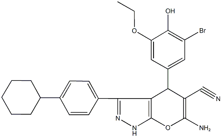 6-amino-4-(3-bromo-5-ethoxy-4-hydroxyphenyl)-3-(4-cyclohexylphenyl)-1,4-dihydropyrano[2,3-c]pyrazole-5-carbonitrile Struktur