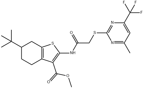 methyl 6-tert-butyl-2-[({[4-methyl-6-(trifluoromethyl)-2-pyrimidinyl]sulfanyl}acetyl)amino]-4,5,6,7-tetrahydro-1-benzothiophene-3-carboxylate Struktur