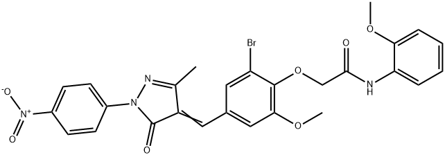 2-{2-bromo-4-[(1-{4-nitrophenyl}-3-methyl-5-oxo-1,5-dihydro-4H-pyrazol-4-ylidene)methyl]-6-methoxyphenoxy}-N-(2-methoxyphenyl)acetamide Struktur