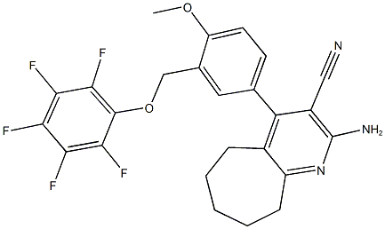 2-amino-4-{4-methoxy-3-[(2,3,4,5,6-pentafluorophenoxy)methyl]phenyl}-6,7,8,9-tetrahydro-5H-cyclohepta[b]pyridine-3-carbonitrile Struktur