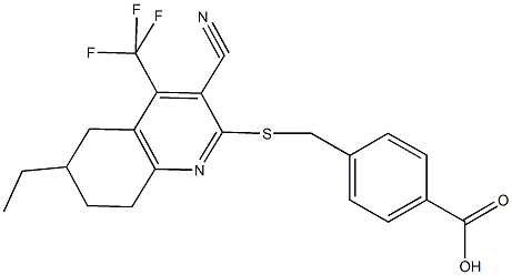 4-({[3-cyano-6-ethyl-4-(trifluoromethyl)-5,6,7,8-tetrahydroquinolin-2-yl]sulfanyl}methyl)benzoic acid Struktur