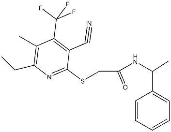 2-{[3-cyano-6-ethyl-5-methyl-4-(trifluoromethyl)pyridin-2-yl]sulfanyl}-N-(1-phenylethyl)acetamide Struktur