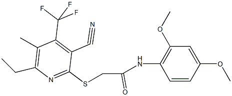 2-{[3-cyano-6-ethyl-5-methyl-4-(trifluoromethyl)pyridin-2-yl]sulfanyl}-N-(2,4-dimethoxyphenyl)acetamide Struktur