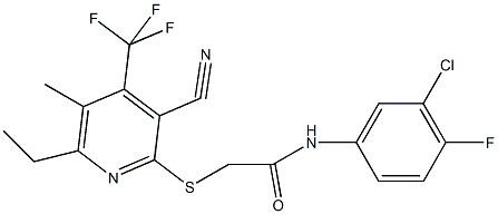 N-(3-chloro-4-fluorophenyl)-2-{[3-cyano-6-ethyl-5-methyl-4-(trifluoromethyl)pyridin-2-yl]sulfanyl}acetamide Struktur