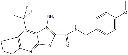 3-amino-N-(4-methoxybenzyl)-4-(trifluoromethyl)-6,7-dihydro-5H-cyclopenta[b]thieno[3,2-e]pyridine-2-carboxamide Struktur