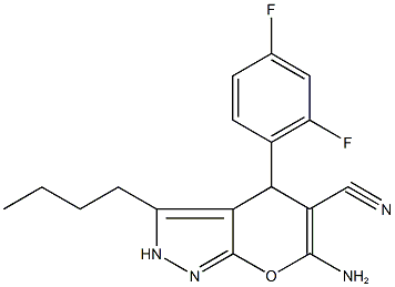 6-amino-3-butyl-4-(2,4-difluorophenyl)-2,4-dihydropyrano[2,3-c]pyrazole-5-carbonitrile Struktur