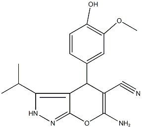 6-amino-4-(4-hydroxy-3-methoxyphenyl)-3-isopropyl-2,4-dihydropyrano[2,3-c]pyrazole-5-carbonitrile Struktur