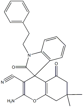 2-amino-3-cyano-7,7-dimethyl-5-oxo-1'-(2-phenylethyl)-1',3',5,6,7,8-hexahydrospiro[4H-chromene-4,3'-(2'H)-indole]-2'-one Struktur