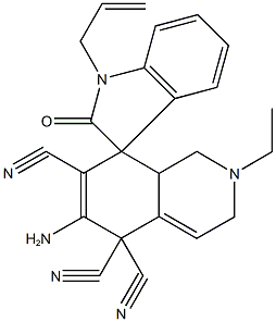 6-amino-2-ethyl-2,3,8,8a-tetrahydro-5,5,7(1H)-isoquinolinetricarbonitrile-8-spiro-3'-(1'-allyl-1',3'-dihydro-2'H-indol-2'-one) Struktur