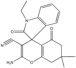 2-amino-7,7-dimethyl-5-oxo-5,6,7,8-tetrahydro-4H-chromene-3-carbonitrile-4-spiro-3'-(1'-ethyl-1',3'-dihydro-2'H-indol-2'-one) Struktur