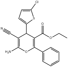 ethyl 6-amino-4-(5-chloro-2-thienyl)-5-cyano-2-phenyl-4H-pyran-3-carboxylate Struktur