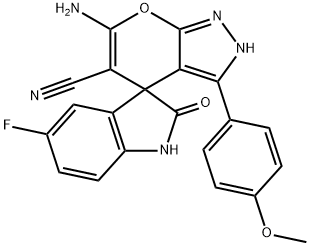 6-amino-3-(4-methoxyphenyl)-2,4-dihydropyrano[2,3-c]pyrazole-5-carbonitrile-4-spiro-3'-(5'-fluoro-1',3'-dihydro-2'H-indol-2'-one) Struktur