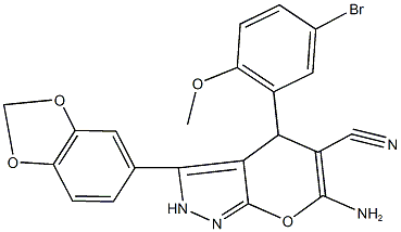 6-amino-3-(1,3-benzodioxol-5-yl)-4-(5-bromo-2-methoxyphenyl)-2,4-dihydropyrano[2,3-c]pyrazole-5-carbonitrile Struktur