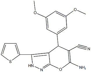 6-amino-4-(3,5-dimethoxyphenyl)-3-(2-thienyl)-2,4-dihydropyrano[2,3-c]pyrazole-5-carbonitrile Struktur