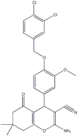 2-amino-4-{4-[(3,4-dichlorobenzyl)oxy]-3-methoxyphenyl}-7,7-dimethyl-5-oxo-5,6,7,8-tetrahydro-4H-chromene-3-carbonitrile Struktur