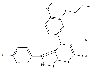 6-amino-3-(4-chlorophenyl)-4-(4-methoxy-3-propoxyphenyl)-2,4-dihydropyrano[2,3-c]pyrazole-5-carbonitrile Struktur