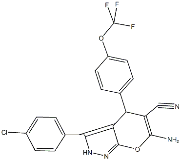 6-amino-3-(4-chlorophenyl)-4-[4-(trifluoromethoxy)phenyl]-2,4-dihydropyrano[2,3-c]pyrazole-5-carbonitrile Struktur