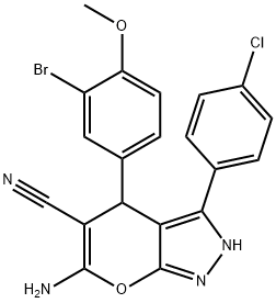 6-amino-4-(3-bromo-4-methoxyphenyl)-3-(4-chlorophenyl)-2,4-dihydropyrano[2,3-c]pyrazole-5-carbonitrile Struktur