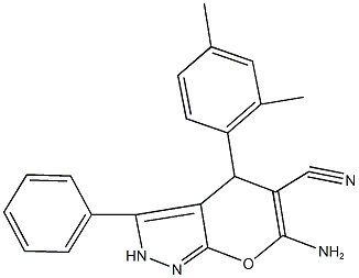 6-amino-4-(2,4-dimethylphenyl)-3-phenyl-2,4-dihydropyrano[2,3-c]pyrazole-5-carbonitrile Struktur