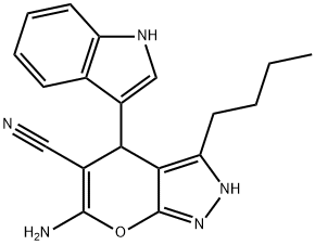 6-amino-3-butyl-4-(1H-indol-3-yl)-2,4-dihydropyrano[2,3-c]pyrazole-5-carbonitrile Struktur