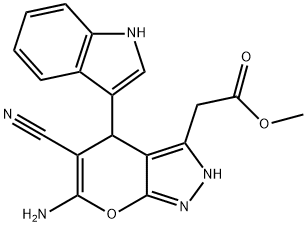 methyl [6-amino-5-cyano-4-(1H-indol-3-yl)-2,4-dihydropyrano[2,3-c]pyrazol-3-yl]acetate Struktur