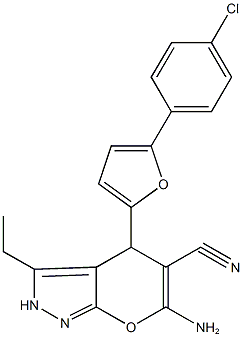 6-amino-4-[5-(4-chlorophenyl)-2-furyl]-3-ethyl-2,4-dihydropyrano[2,3-c]pyrazole-5-carbonitrile Struktur