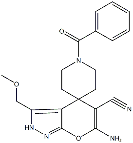 6-amino-3-(methoxymethyl)-2,4-dihydropyrano[2,3-c]pyrazole-5-carbonitrile-4-spiro-4'-(1'-benzoylpiperidine) Struktur