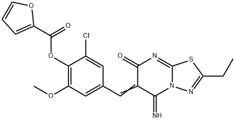 2-chloro-4-[(2-ethyl-5-imino-7-oxo-5H-[1,3,4]thiadiazolo[3,2-a]pyrimidin-6(7H)-ylidene)methyl]-6-methoxyphenyl 2-furoate Struktur