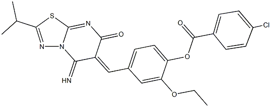 2-ethoxy-4-[(5-imino-2-isopropyl-7-oxo-5H-[1,3,4]thiadiazolo[3,2-a]pyrimidin-6(7H)-ylidene)methyl]phenyl 4-chlorobenzoate Struktur