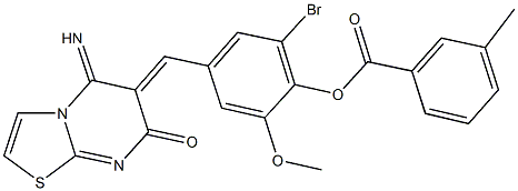 2-bromo-4-[(5-imino-7-oxo-5H-[1,3]thiazolo[3,2-a]pyrimidin-6(7H)-ylidene)methyl]-6-methoxyphenyl 3-methylbenzoate Struktur