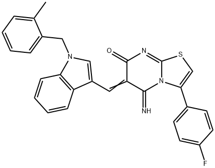 3-(4-fluorophenyl)-5-imino-6-{[1-(2-methylbenzyl)-1H-indol-3-yl]methylene}-5,6-dihydro-7H-[1,3]thiazolo[3,2-a]pyrimidin-7-one Struktur