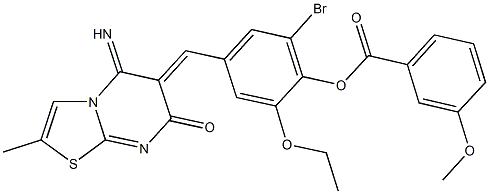 2-bromo-6-ethoxy-4-[(5-imino-2-methyl-7-oxo-5H-[1,3]thiazolo[3,2-a]pyrimidin-6(7H)-ylidene)methyl]phenyl 3-methoxybenzoate Struktur