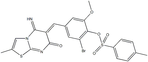 2-bromo-4-[(5-imino-2-methyl-7-oxo-5H-[1,3]thiazolo[3,2-a]pyrimidin-6(7H)-ylidene)methyl]-6-methoxyphenyl 4-methylbenzenesulfonate Struktur