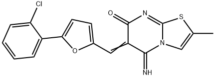 6-{[5-(2-chlorophenyl)-2-furyl]methylene}-5-imino-2-methyl-5,6-dihydro-7H-[1,3]thiazolo[3,2-a]pyrimidin-7-one Struktur