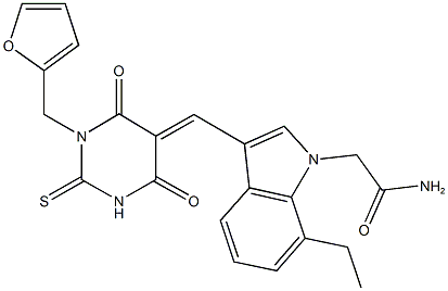 2-{7-ethyl-3-[(1-(2-furylmethyl)-4,6-dioxo-2-thioxotetrahydro-5(2H)-pyrimidinylidene)methyl]-1H-indol-1-yl}acetamide Struktur