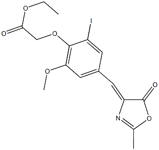 ethyl {2-iodo-6-methoxy-4-[(2-methyl-5-oxo-1,3-oxazol-4(5H)-ylidene)methyl]phenoxy}acetate Struktur