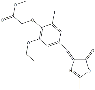 methyl {2-ethoxy-6-iodo-4-[(2-methyl-5-oxo-1,3-oxazol-4(5H)-ylidene)methyl]phenoxy}acetate Struktur