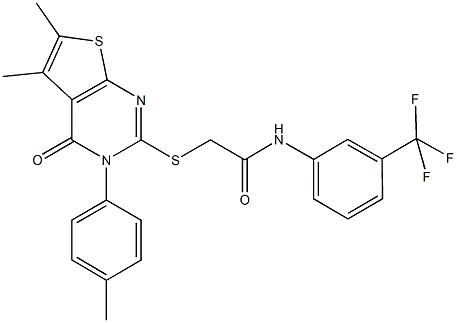 2-{[5,6-dimethyl-3-(4-methylphenyl)-4-oxo-3,4-dihydrothieno[2,3-d]pyrimidin-2-yl]sulfanyl}-N-[3-(trifluoromethyl)phenyl]acetamide Struktur