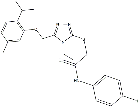 2-({4-ethyl-5-[(2-isopropyl-5-methylphenoxy)methyl]-4H-1,2,4-triazol-3-yl}sulfanyl)-N-(4-iodophenyl)acetamide Struktur